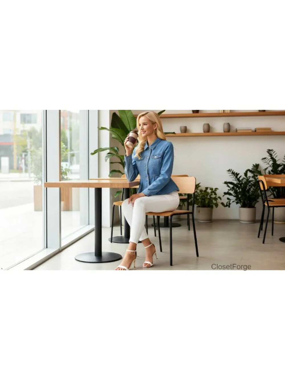 Ruffle Hem Peplum Denim Jacket Button Down Collar Long Sleeve with Pockets